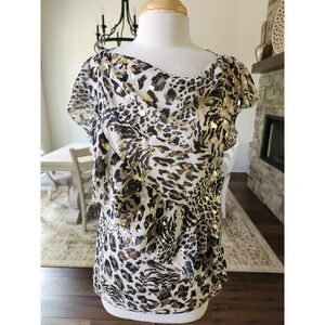 Y2K BCBG Leopard Print Gold Metallic Foil Cowl Neck Blouse Top Boho Festival
